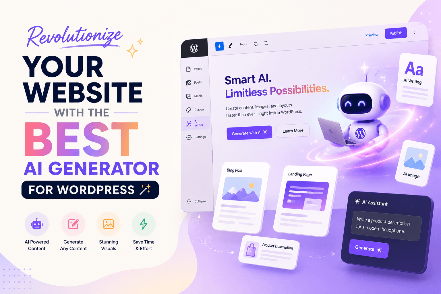 Best AI Generator for WordPress dashboard creating blogs AI images landing pages and product descriptions
